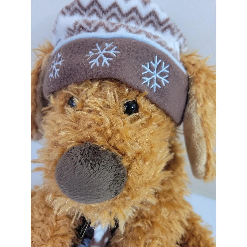Hugfun Plush Puppy Dog Winter Hat Scarf Snowflake Shaggy Brown Tan Small